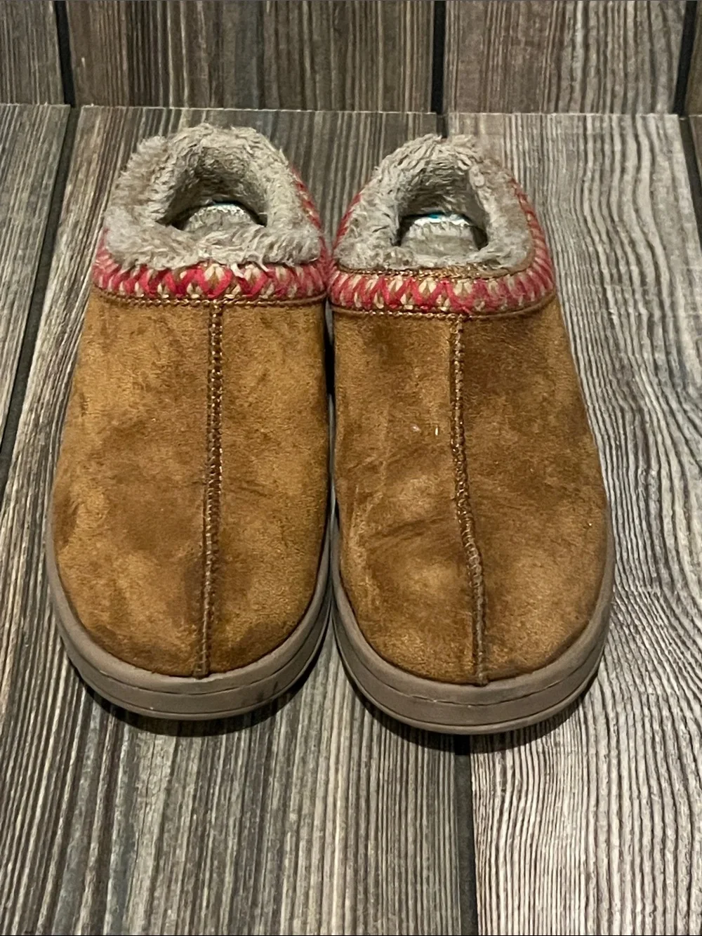 Sonoma Brown Suede Kids Slip-On Slippers with Red Trim